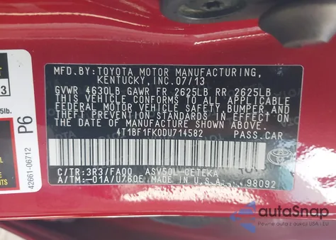 2013 Toyota Camry L z USA, uszkodzony, nr VIN 4T1BF1FK0DU714582